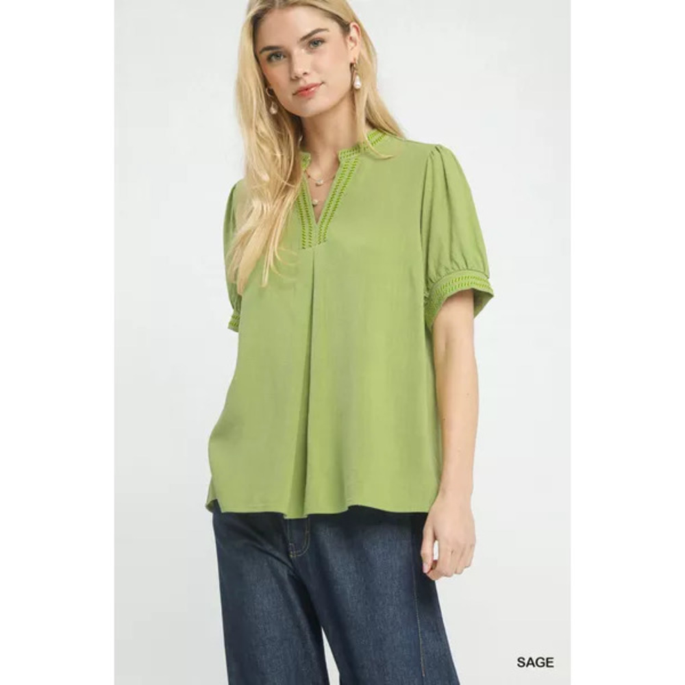Umgee Embroidery Linen Puff Sleeve Blouse